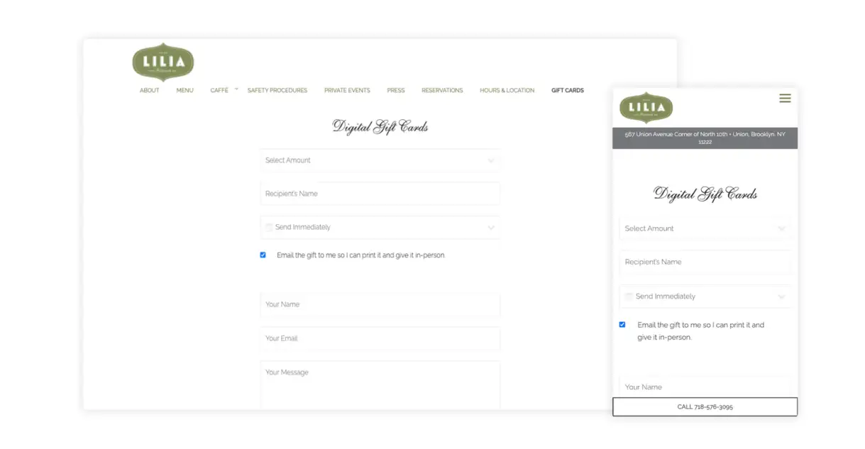 Lilia sells digital gift cards directly on their restaurant website